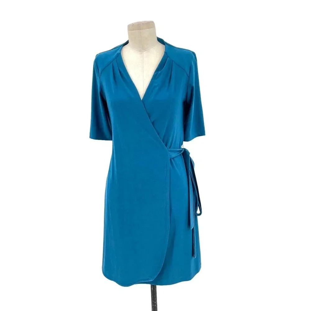Komarov Petite Blue Wrap Jersey Short Sleeve Dress Size Medium Petite‎